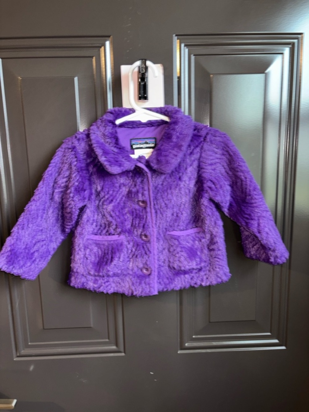 Patagonia Snowy Pelage Purple Faux fur Button Coat Jacket girls size 12m